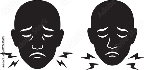 Head silhouette with pain and discomfort icons sore throat human head face silhouette pain icon illness icon medical icon headache icon sad face discomfort suffering sickness symptoms