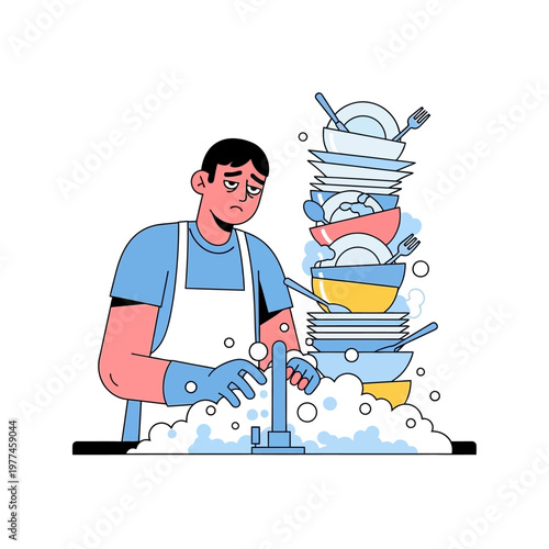 Man washing dishes, overwhelmed by large pile of dirty plates and bowls in sink.