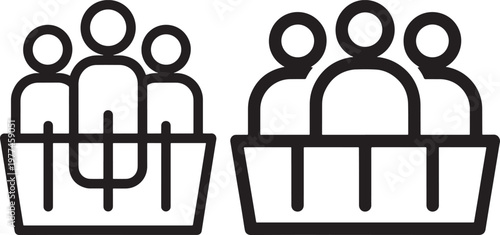 Two baskets filled with stylized figures representing groups or teams in a container or seating arrangement collection community together collaboration teamwork container arrangement business