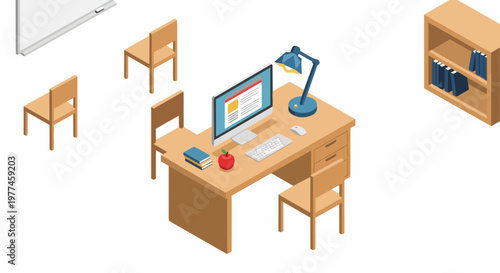 Isometric Modern Classroom Workspace with Desktop Computer, Bookshelf, and Student Desk Illustration