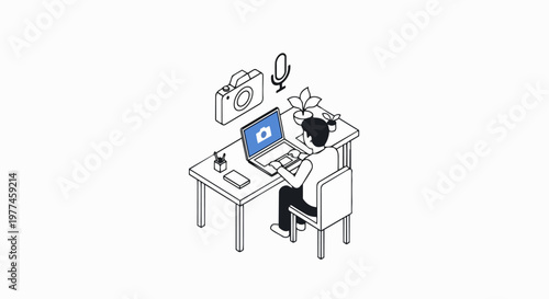 Isometric Illustration of a Content Creator Working on a Laptop with Camera and Microphone Icons