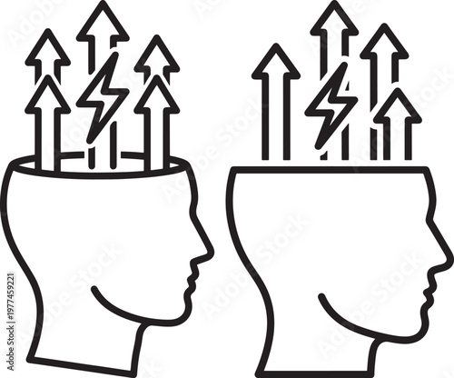 Head silhouette with upward arrows representing ideas and growth mind icon inspiration icon creativity icon success icon progress icon thinking icon brain icon intelligence icon knowledge ico