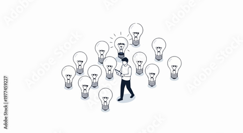 Isometric Concept of Man Finding the Best Creative Idea Among Many Light Bulbs