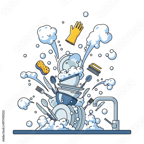 Overflowing Sink with Dishes, Bubbles, and Cleaning Supplies - Cartoon Style