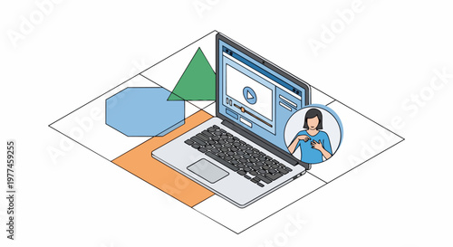 Isometric Laptop Illustration with Sign Language Interpreter for Video Accessibility and Inclusive Digital Media
