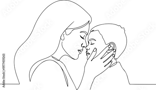 continuous line drawing of a mother and child face to face, symbolizing connection and bonding, mother's day, style hand drawing vector illustration.