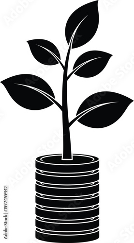 Title plant in pot silhouette isolated on transparent background description a simple black silhouette of a small plant growing in a cylindrical pot