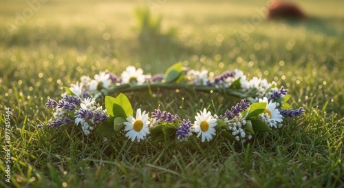 A delicate floral wreath made of daisies and lavender lies on a lush green grassy field, symbolizing spring and beltane traditions. 