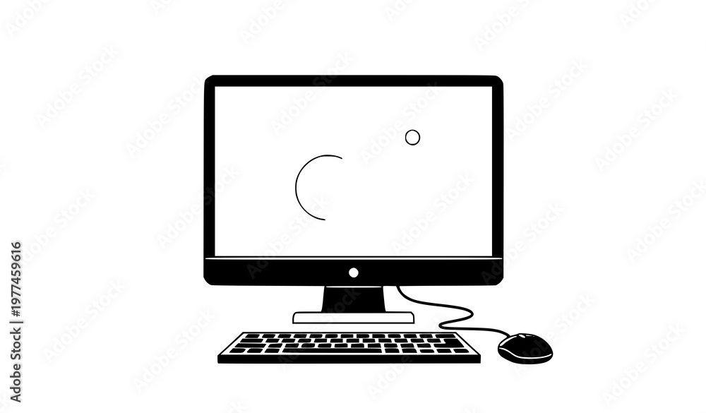 Fototapeta premium Minimalist desktop setup vector icon with computer and mouse for digital work