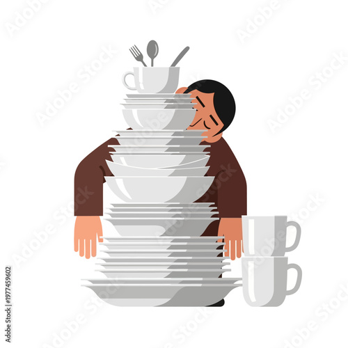 Overwhelmed Person Buried Under Stack of Dirty Dishes