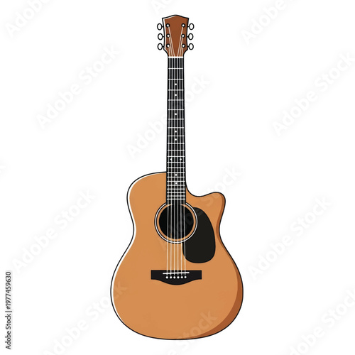 Illustrated acoustic cutaway guitar with wooden finish and black pickguard.