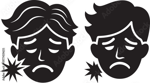 Two faces expressing sadness or pain with sharp bursts nearby black and white distress suffering depressed melancholy negative discomfort sickness silhouette illustration