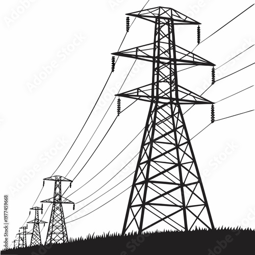 Black silhouette of power transmission towers with lines