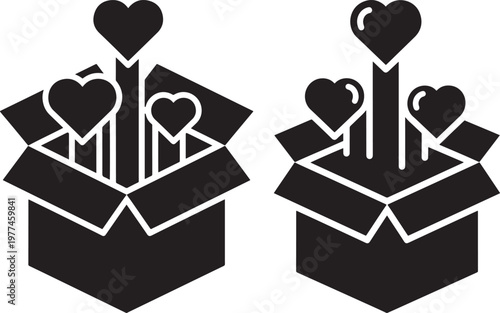 Two open boxes overflowing with hearts symbolizing love or gifts black and white gift box package box surprise box full box many hearts surprise happiness celebration valentine container