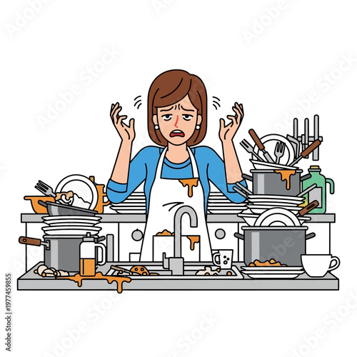 Overwhelmed Woman Exhausted by Pile of Dirty Dishes in Kitchen Sink