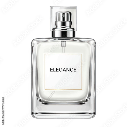 Elegant clear glass perfume bottle with minimalist design and elegant label reading Elegance.