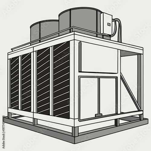 Air conditioning unit with fans on top and metal grating on the side for ventilation purposes