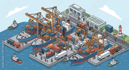 Busy shipping port with cargo ships, cranes, containers, trucks, and tugboats in isometric view.
