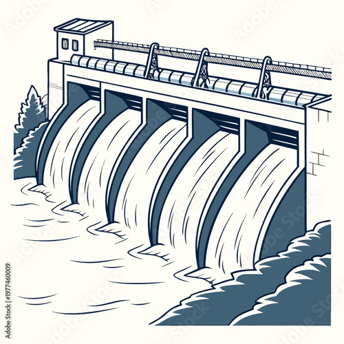 Illustration of a hydroelectric dam with water flowing over spillway gates