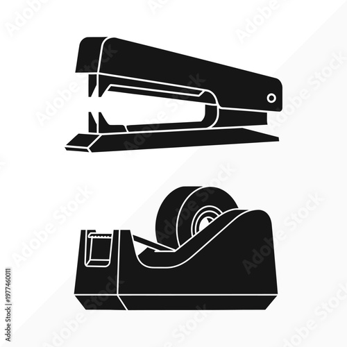 Stationery essentials a black and white illustration of a stapler and tape dispenser