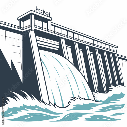 Illustration of a dam with water flowing out, , hydroelectric power concept