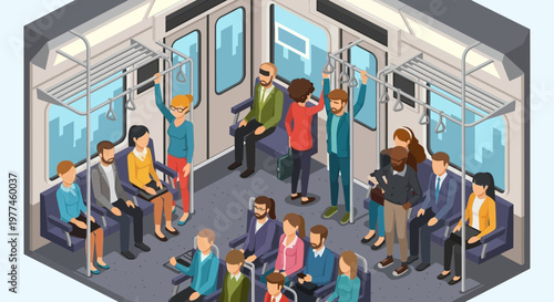 Isometric view of diverse people commuting on a crowded subway train, urban public transport concept.