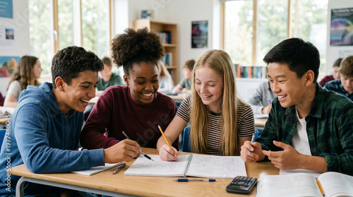 Group of diverse students studying together at school desk  