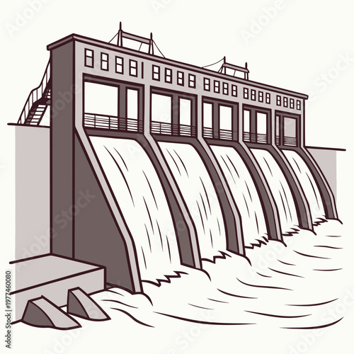 Illustration of a hydroelectric dam with water flowing over it on a beige background