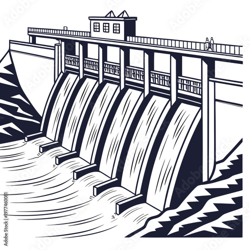 Illustration of a hydroelectric dam with water flowing down spillways and a building on top