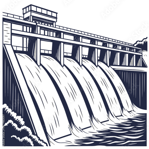 Illustration of a hydroelectric dam with water flowing over spillway gates