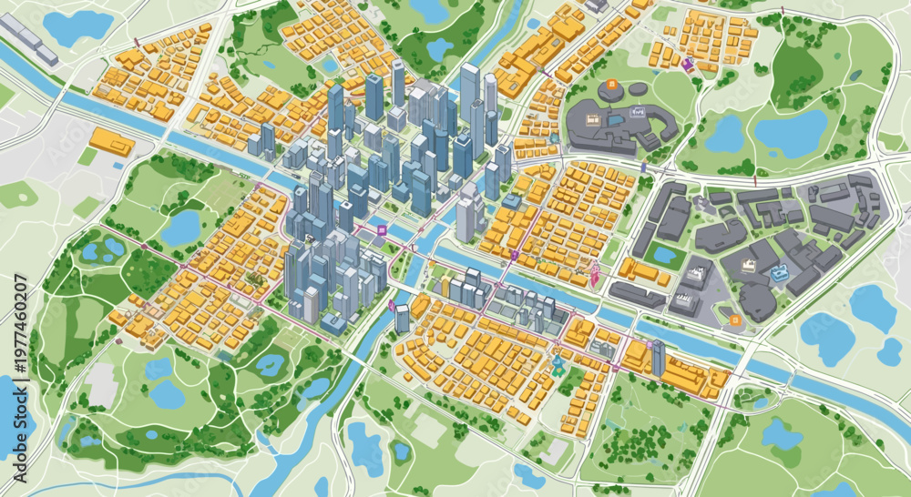 Fototapeta premium Isometric City Map Illustration: Modern Urban Development with Green Spaces and Waterways