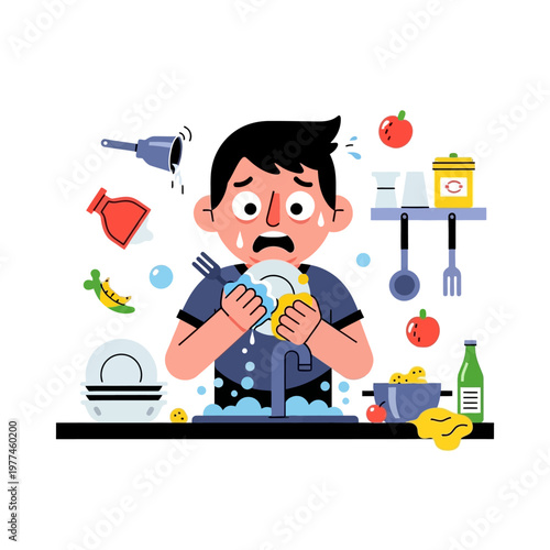 Stressed Man Washing Dishes in Overflowing Sink, Domestic Chores Frustration