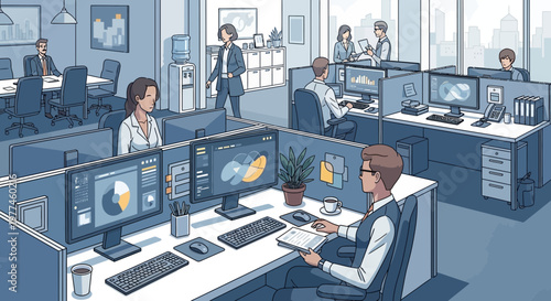 Modern Office Environment with People Working on Computers and Data Analysis