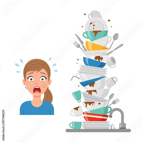 Stressed Woman Facing Huge Stack of Dirty Dishes in Kitchen Sink