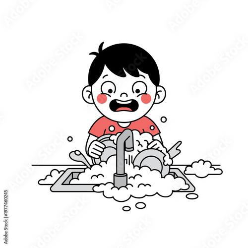 Surprised Boy Washing Dishes in Kitchen Sink, Overflowing with Soap Suds