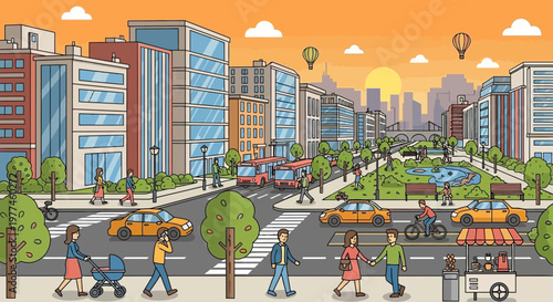 Vibrant Cityscape with Busy Street Life at Sunset, Cartoon Style