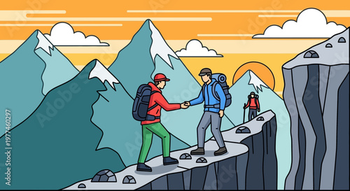 Hikers shaking hands on mountain trail at sunset, teamwork and adventure