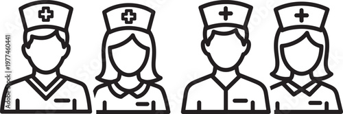 Line icons of nurses and medical professionals with medical wear professionals healthcare hospital illustration medical symbol personnel caregiver treatment medicine assistance uniforms