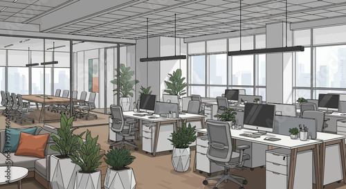 Modern Open-Plan Office Interior with Desks, Meeting Room, and City View