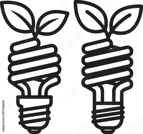 Two stylized light bulbs with growing green leaves light bulb energy saving sustainability environment inspiration innovation electricity illustration renewable efficient resource lighting