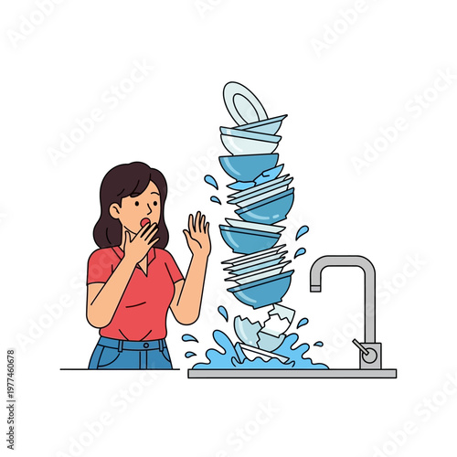 Woman Shocked by Falling Stack of Dishes in Kitchen Sink