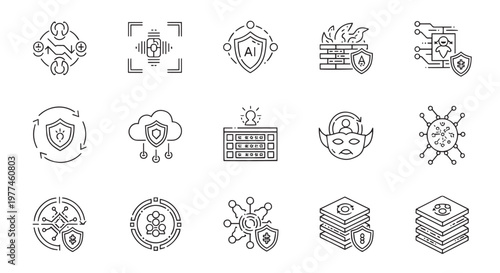 Cyber Security and Data Protection Line Icons for Network Safety