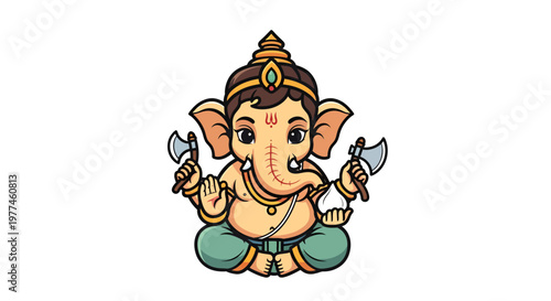 Cute Ganesha Sitting in Lotus Pose Holding Axes, Vector Illustration, Religious Iconography for Spiritual and Cultural Designs