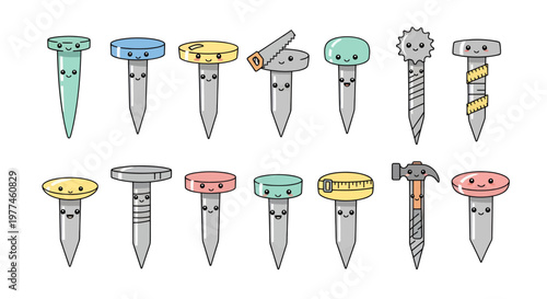 Cute Kawaii Fasteners Vector Illustration Set, Adorable Cartoon Nails and Hammer with Faces, Fun DIY and Crafting Graphic Design Elements