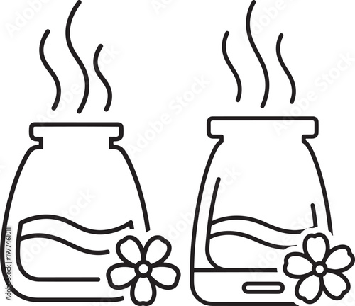 Pair of essential oil diffusers with flowers and aroma steam oil burner home decor line art interior design fragrance relaxation wellness interior decoration abstract illustration template
