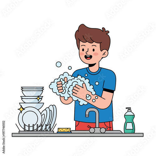 Boy washing dishes, doing chores, cleaning kitchen sink with soap bubbles