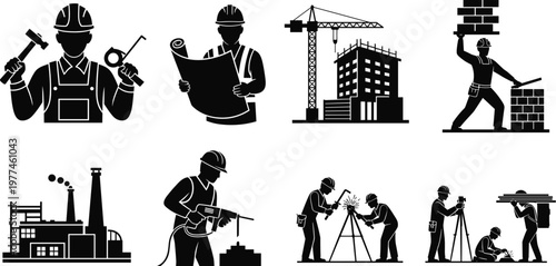 Set of Black Silhouettes of Construction Workers and Industrial Labor Icons for Building, Engineering, and Factory Work Designs, Vector Icons