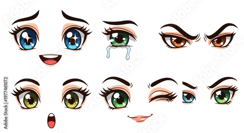 Diverse Anime Eyes and Mouths Expressing Emotions Vector Illustration, Manga Style Character Faces for Animation and Comics Design