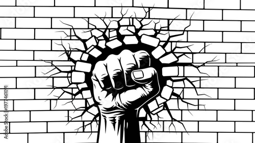 Fist breaking through brick wall, symbol of strength, power, and overcoming obstacles