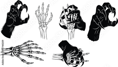 Collection of Black Silhouettes of Skeleton Hands and Claws for Horror, Halloween, and Fantasy Designs, Vector Icons for Digital Art and Graphic Projects
